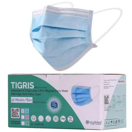 Tigris Level 3 Earloop Mask 4.0G 3-Ply by | Disposable Individual Wrap Non-Woven Breathable Mask Indoor Outdoor Use
