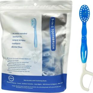 Mini Disposable Toothbrushes with Freshing Beads + Floss + Pick + Tongue Scraper Travel Size Individually Wrapped Soft | Extra Mint | Travel Set