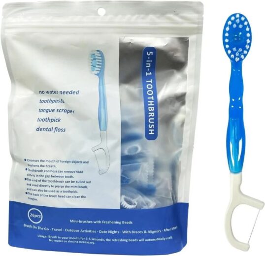 Mini Disposable Toothbrushes with Freshing Beads + Floss + Pick + Tongue Scraper Travel Size Individually Wrapped Soft | Extra Mint | Travel Set