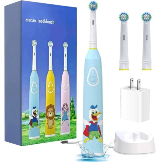 Rotating Kids Electric Toothbrush with 2 Brush Heads | IPX7 Cartoon Kids Electric Toothbrushes 3 Modes Rechargeable Toothbrush | 1 USB Charger with Charger Block