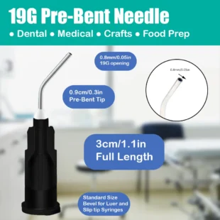 Dental Grade Pre Bent Needle Tip with Brush Padded 19g by | Disposable Dental Pre-Bent Irrigation/Metal Infusor Delivery Needle Tips