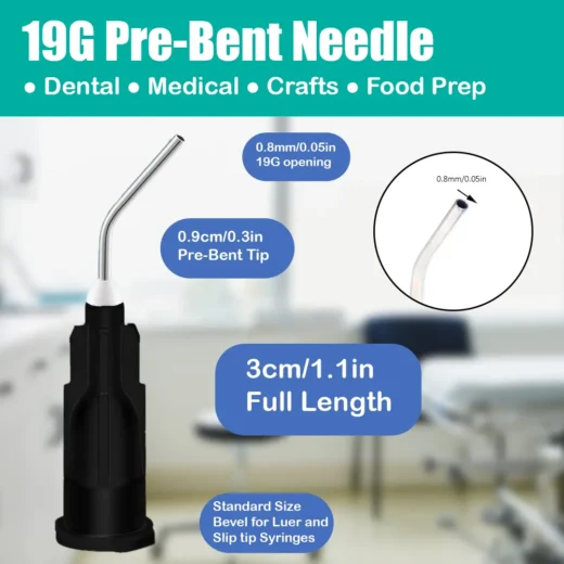Dental Grade Pre Bent Needle Tip with Brush Padded 19g by | Disposable Dental Pre-Bent Irrigation/Metal Infusor Delivery Needle Tips